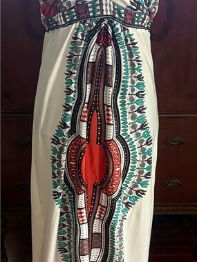 Cream Maxi Dress with Red and Teal Tribal Print